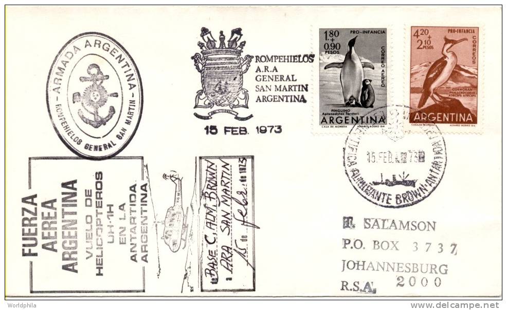 Argentina South Pole-South Africa, Helicopter Flight, Penguin And Cormoran Stamps On A Cacheted Cover 1973 - Hélicoptères