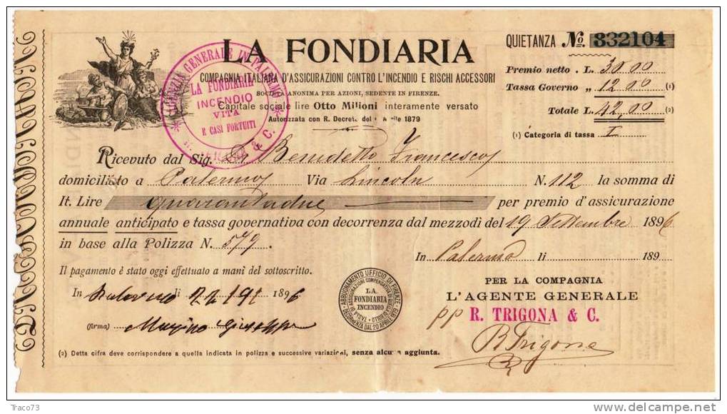 ASSICURAZIONI LA FONDIARIA - RICEVUTA DI PAGAMENTO 1896 - Banco & Caja De Ahorros