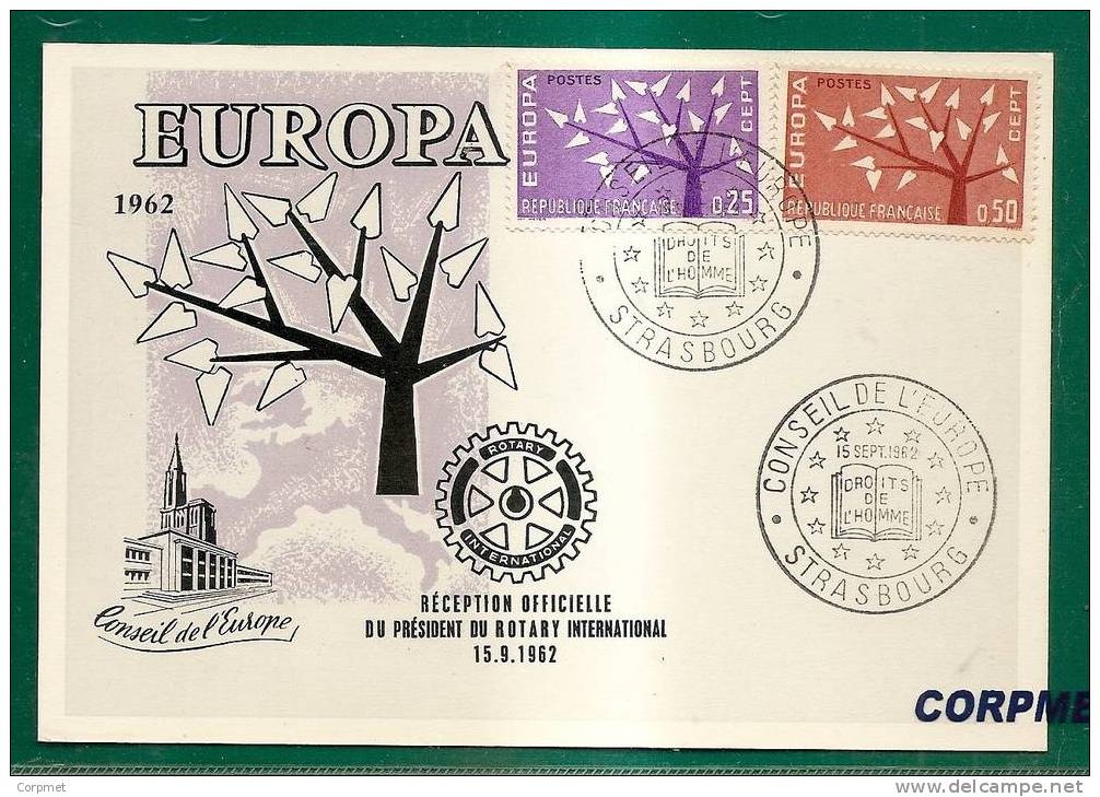 EUROPA-CEPT 1962 FRANCE FD CARD - Reception Officielle Du President Du ROTARY - Yvert # 1358/1359 - 1962