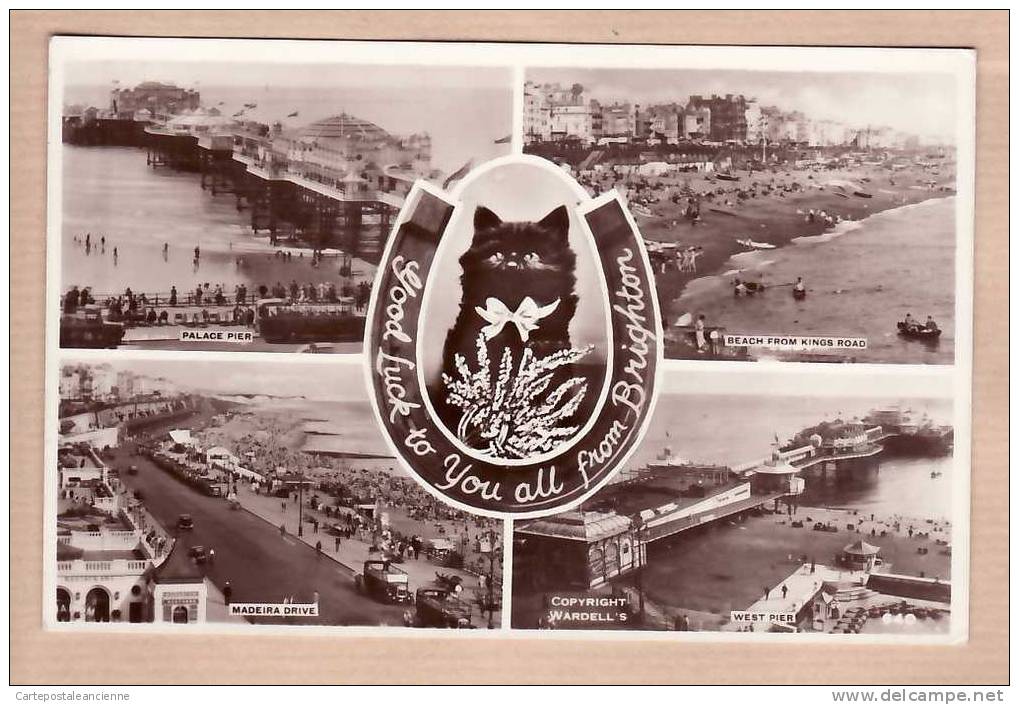 GOOD LUCK To You All From BRIGHTON 1930s MULTIVIEWS CHAT CAT- REAL PHOTOGRAPH AWW- ENGLAND INGLATERRA INGHILTERRA -6202A - Brighton