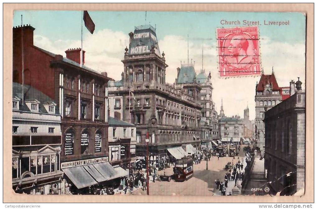 LIVERPOOL CHURCH STREET Compton Hotel Busy Street Scene Posted 11.23.1912 ¤ VALENTINE'S N°8394 SERIES ¤ ENGLAND ¤6273A - Liverpool