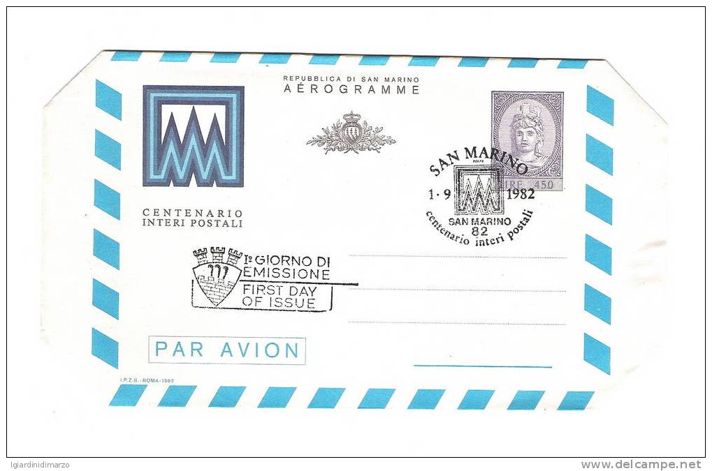 SAN MARINO 1982 - Aerogramma F.D.C. Da Lire 450 - CENTENARIO INTERI POSTALI - In Buone Condizioni. - Interi Postali