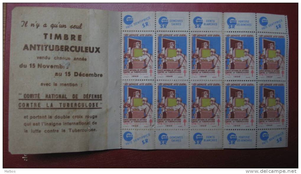 Carnet Antituberculeux - 1949 - 10 Timbres + Pub Gibbs - Nestlé Au Dos - Antitubercolosi