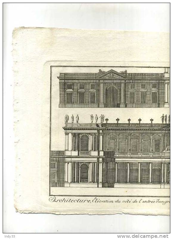 -.ELEVATION DU CÔTE DE L´ENTREE D´UN GRAND HÔTEL AVEC SES DEPENDANCES . DESSIN DE J.F. BLONDEL A. EAU FORTE DU XVIIIe S. - Architettura