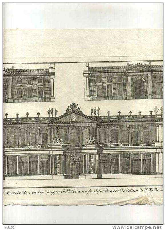 -.ELEVATION DU CÔTE DE L´ENTREE D´UN GRAND HÔTEL AVEC SES DEPENDANCES . DESSIN DE J.F. BLONDEL A. EAU FORTE DU XVIIIe S. - Architecture