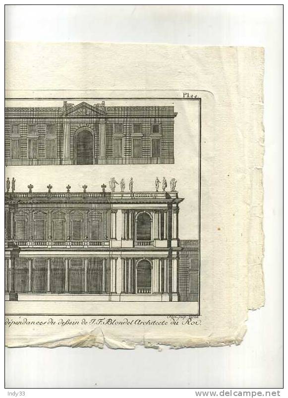 -.ELEVATION DU CÔTE DE L´ENTREE D´UN GRAND HÔTEL AVEC SES DEPENDANCES . DESSIN DE J.F. BLONDEL A. EAU FORTE DU XVIIIe S. - Architektur