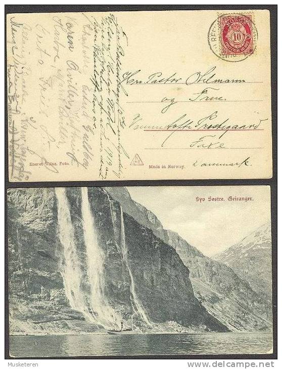 Norway PPC Syv Søstre. Geiranger. Waterfall & Ship. Deluxe Cancelled Stamp Sent To Denmark 1919 - Lettres & Documents