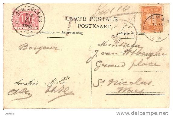 TTx 5 C1c ST NICOLAAS C - 21.VIII.1912 S/CP Affr. TP 108 C1c SPA + GENT 1. TB - Lettres & Documents