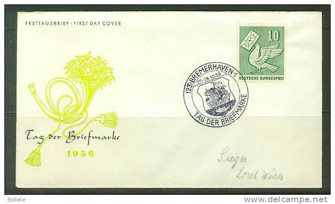 Allemagne Fédérale  -  Lettre FDC De 1956  -  Pigeons  -  Voilier  -  Cor De Poste  -  Lettre - Tauben & Flughühner