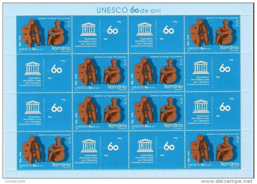 Romania 2005 / 60 Years UNESCO / MS - 8 Stamps With 8 Labels - Nuevos