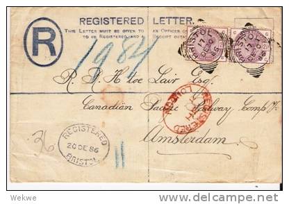 GBV177/ Einschreibe-Ganzsache, Frühverwendung 1886, Bristol-Amsterdam - Cartas & Documentos