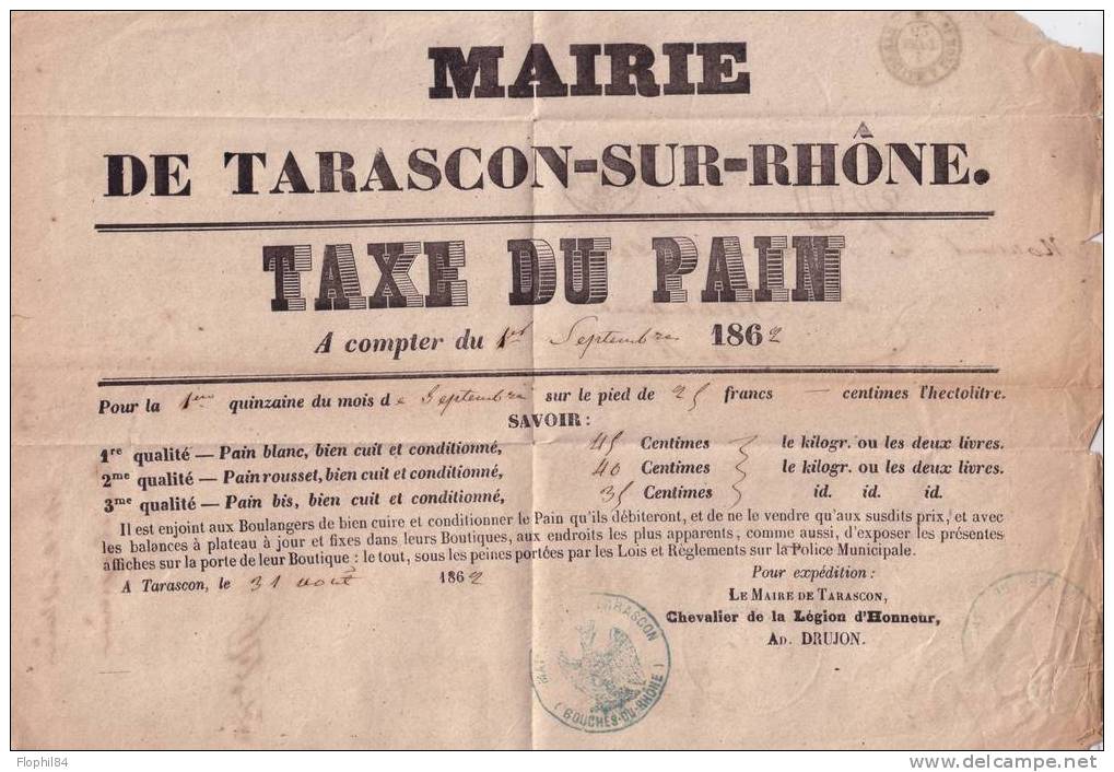 BOUCHES DU RHONE-MAIRIE DE TARASCON-TAXE SUR LE PAIN - CACHET A DATE T15 DU 1-9-1862 + TAXE 30 DOUBLE TRAIT - LETTRE POU - 1801-1848: Précurseurs XIX