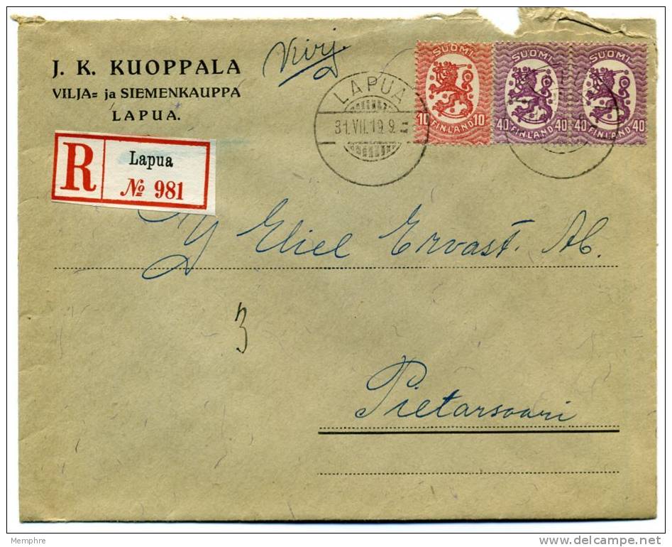 1919  Lettre Recommandée  Affranchie Facit 68 + 71 C1 X 2 - Briefe U. Dokumente