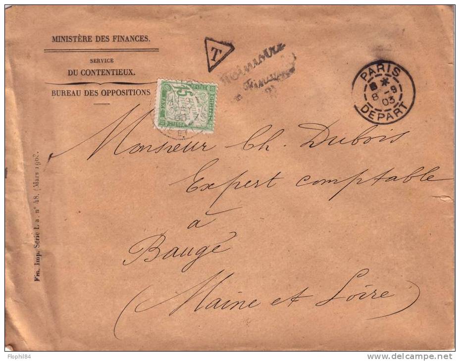 TAXE-MINISTERE DES FINANCES-PARIS DEPART 8-9-1903 - 1859-1959 Storia Postale