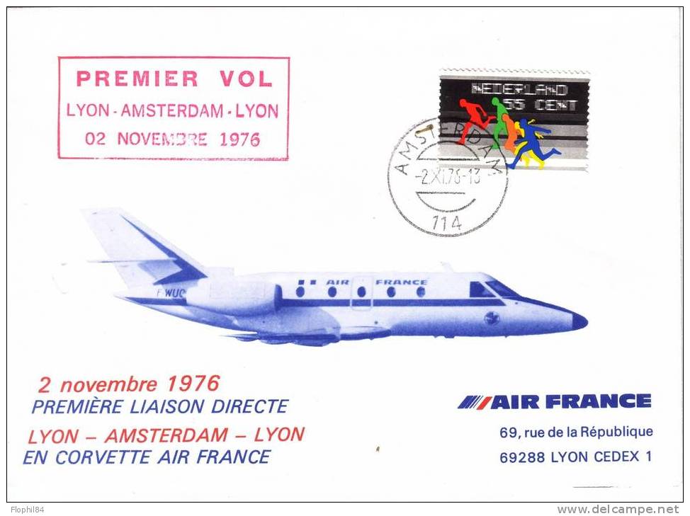 PAYS BAS-FRANCE- 1er VOL LYON AMSTERDAM LYON 2-11-1976 - Luchtpost