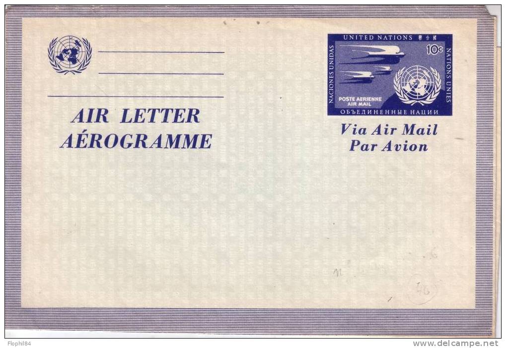 ENTIER POSTAL- DES NATIONS UNIES-AEROGRAMME NEUF - TB - Autres & Non Classés