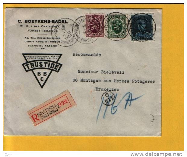 283+284+320 Op Aangetekende Brief Met Stempel FOREST (BRUX.) / VORST (BRUS.) - 1931-1934 Kepi