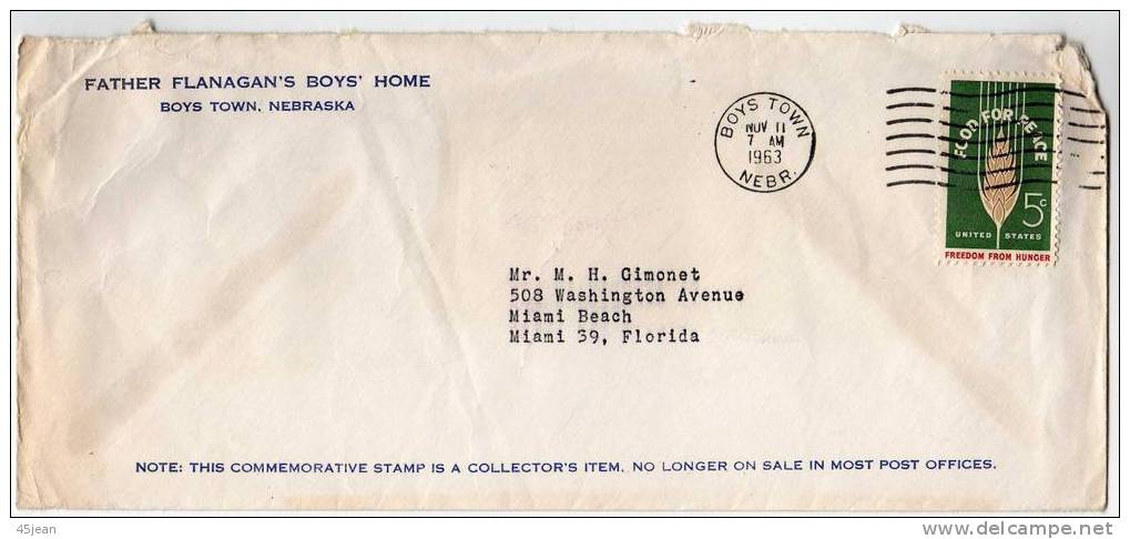 U.S.A: 1963 Lettre Vers Miami Avec Timbre "lutte Contre La Faim, Freedom From Hunger" à Voir - Contre La Faim