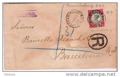 GBV186/ Michel 92b, Einschreiben Barcelona 1896, Lochung GBL (Perfin)P.D. - Storia Postale