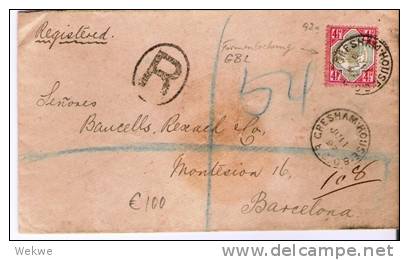 GBV187/ Mi. 92a, Einschreiben Barcelona 1897, Lochung GBL (Perfin) - Briefe U. Dokumente