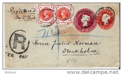 GBV196/ Aufgewertete Ganzsache Mit Zusatzfrankatur, Einschreiben N.  Schweden - Storia Postale