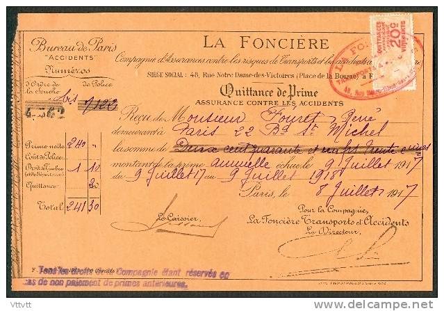 Quittance (1917) : La Foncière (Paris) Cachet Et Timbre 20 C Virements - Bank En Verzekering