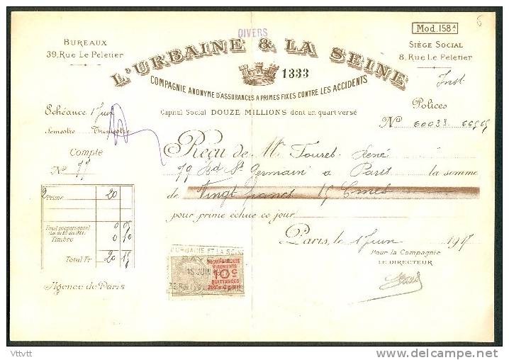 Quittance (1917) : L´Urbaine Et La Seine (Paris) Timbre 10 C Quittances - Banque & Assurance