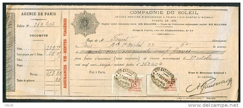 Quittance (1916) : Compagnie Du Soleil (Paris) Cachet, Timbre 10 C Quittances - Banque & Assurance