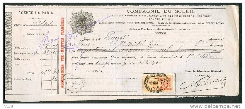 Quittance (1917) : Compagnie Du Soleil (Paris) Cachet, Timbre 20 C Quittances - Bank & Versicherung