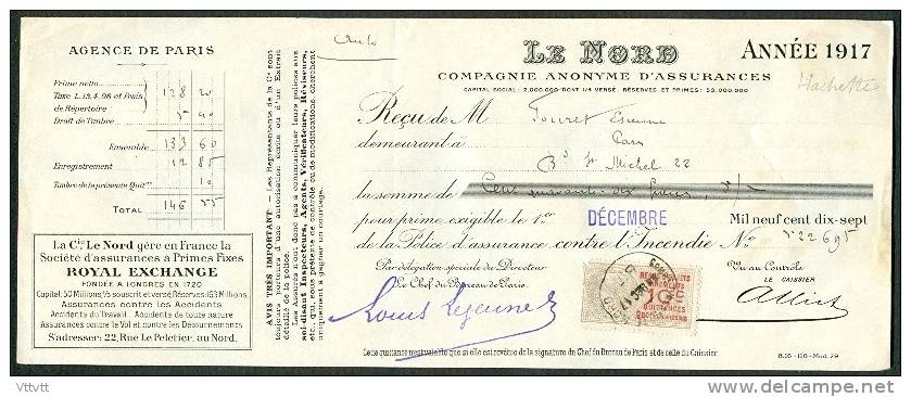 Quittance (1917) : Le Nord (Paris) Timbre 10 C Quittances - Banque & Assurance