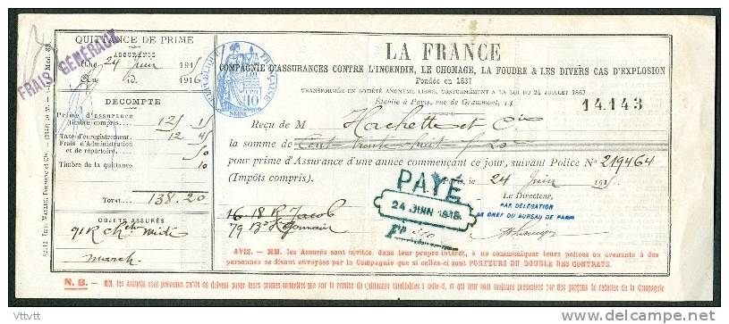 Quittance (1917) : La France (Paris) Cachet Payé Et 10 C République Française - Bank & Versicherung