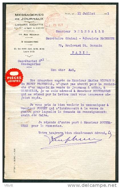 Lettre (1921) : Messagerie De Journaux, Librairie Hachette, Paris, Recherche De Magasin De Vente De Journaux - Druck & Papierwaren