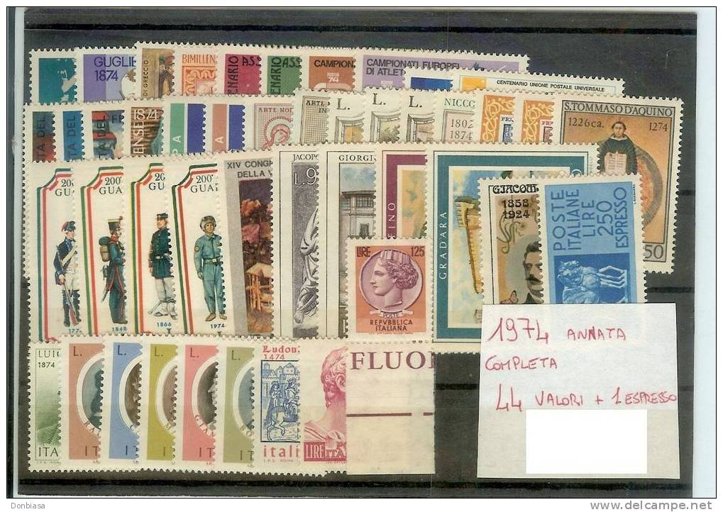 Rep. Italiana, 1974: Annata Completa 42 Valori + Siracusana 125 Lire + Espresso 250 Lire + Donatello 1000 Lire. NUOVI** - Full Years