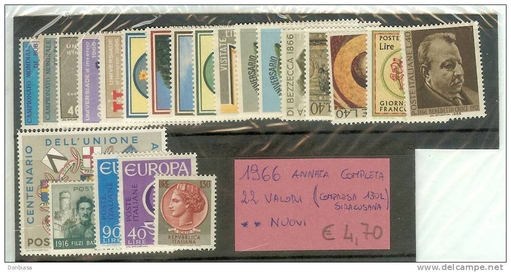 Rep. Italiana, 1966: Annata Completa 22 Valori Compreso Siracusana 130 Lire. NUOVI** - Années Complètes