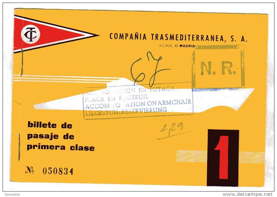 TICKET DE TRANSPORT - BATEAU - COMPANA TRASMEDITERRANEA - PREMIERE CLASSE - BARCELONE - PALMA - Europa