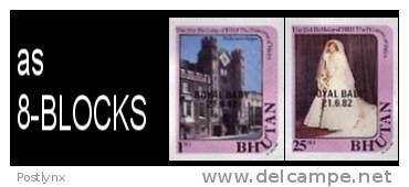 BHUTAN 1982, Diana´s Baby 1n & 25n, OVPT.IMPERF.8-BLOCKS:2 (16stamps) [no Dentado Geschnitten Non Dentelé Non Dentellato - Bhután