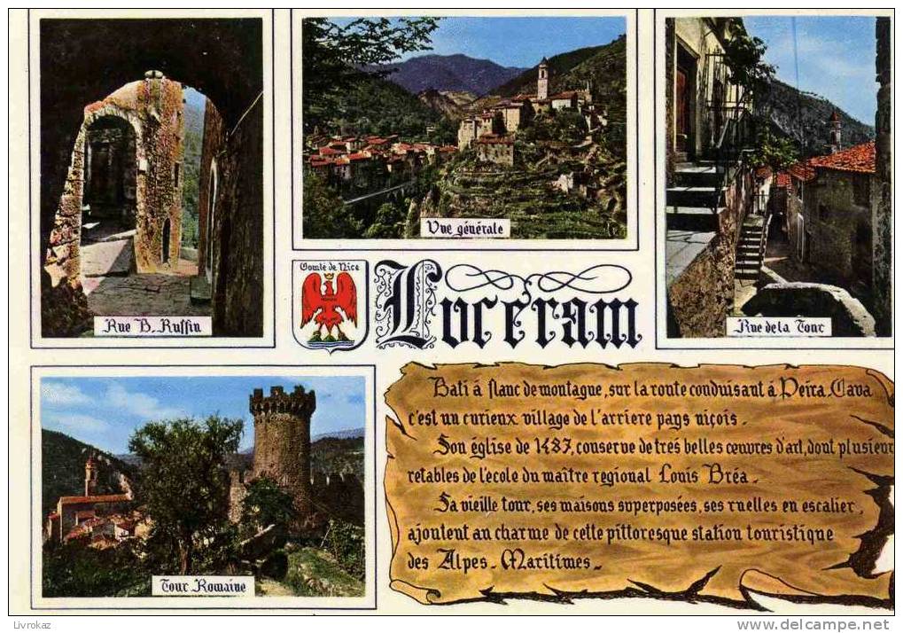 Alpes Maritimes. Lucéram, Carte Multivues Avec Texte écrit En Gothique Et Blason Du Comté De Nice - Lucéram