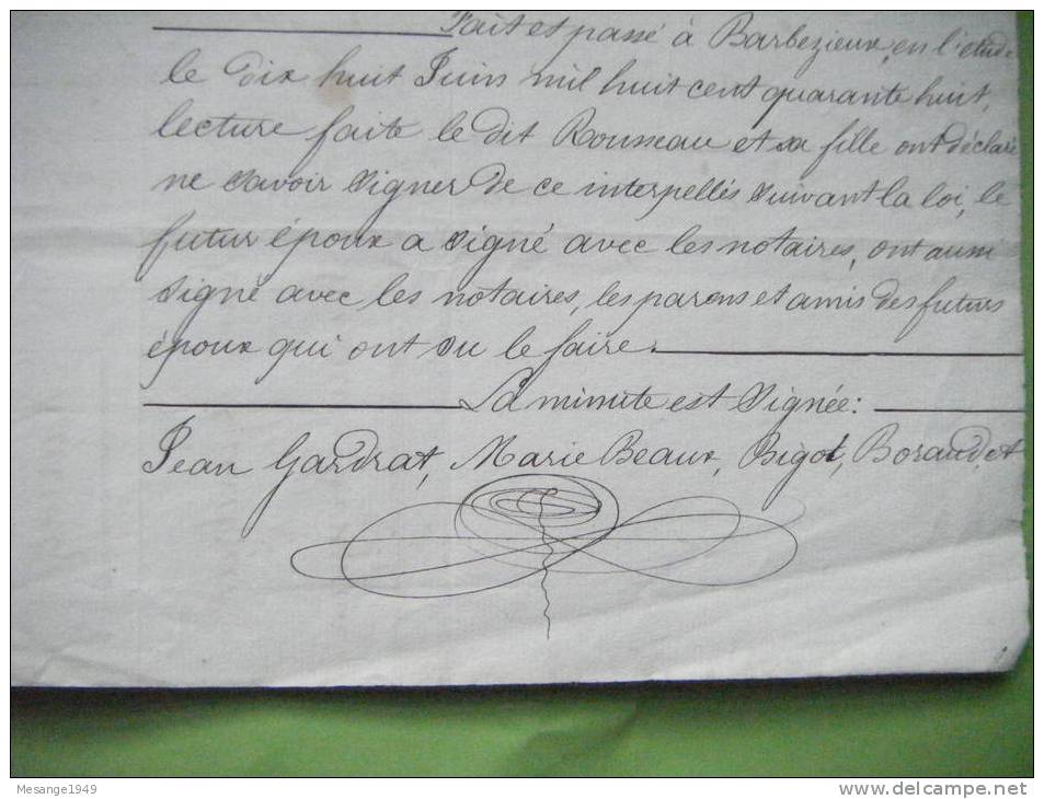 Manuscrit -mariage-21x29,7  De 1848--.-4 Pages Timbre Royal A 1f25c Et Timbre Notaire Barbezieux   74/8672- - Manuscrits