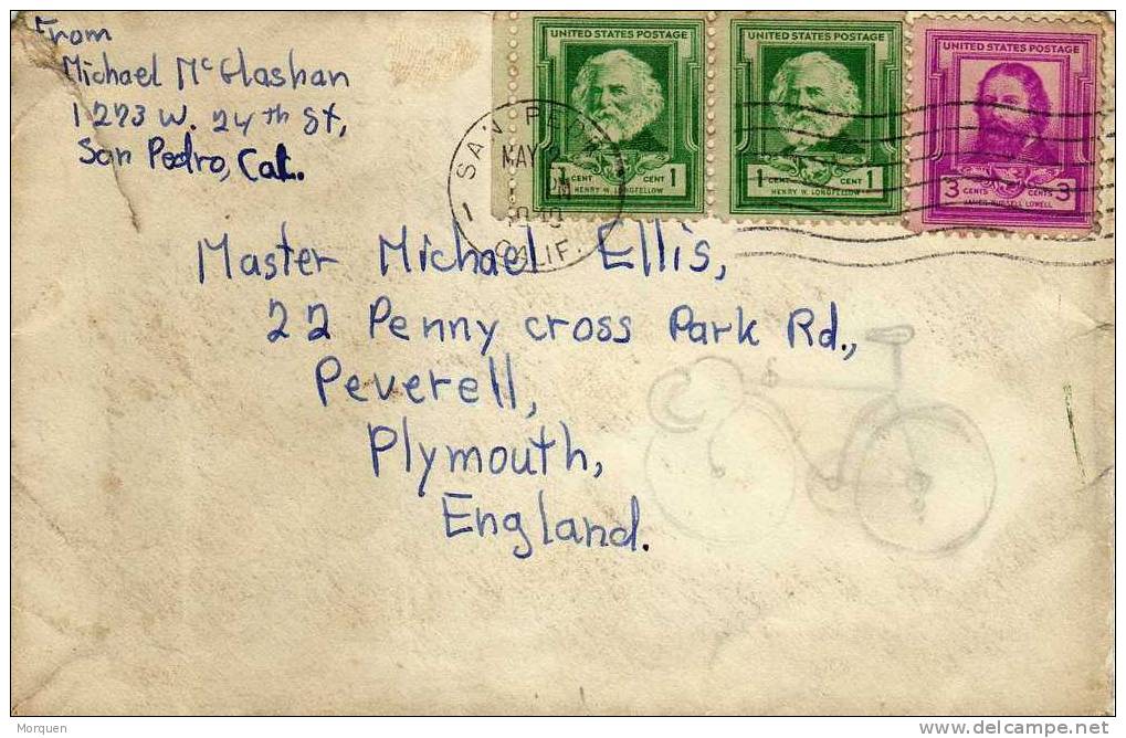 1238. Carta San Pedro (California) A Inglaterra 1949 - Brieven En Documenten