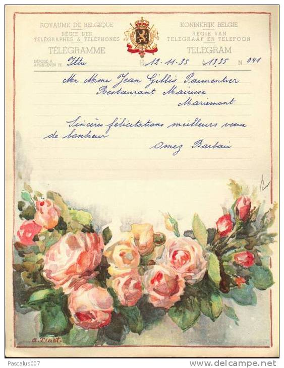Tel - Vieux Papier - Télégramme Telegram B 08 - Du 12-11-1935 - De Ittre - Autres & Non Classés