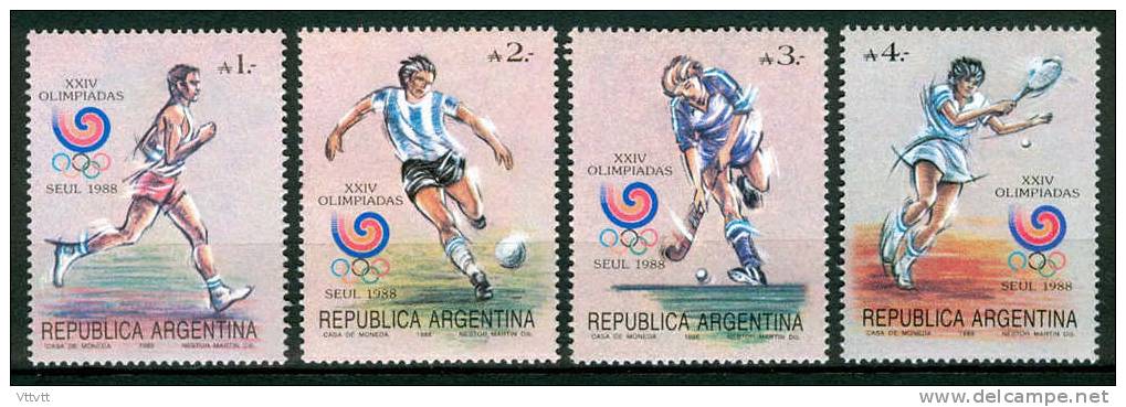 Republica Argentina (Argentine) : J.O. Séoul 1988, 4 Timbres Neufs** Dentelés, Athlétisme, Football, Hockey, Tennis - Summer 1988: Seoul