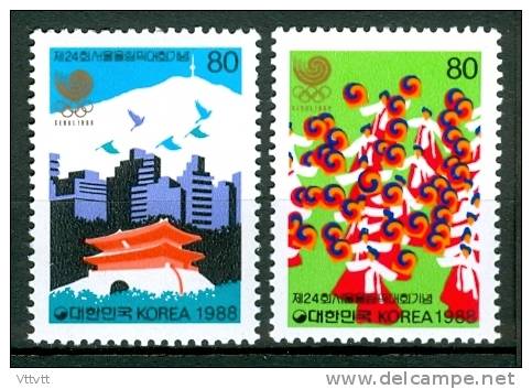 Koera (Corée) : J.O. Séoul 1988, 2 Timbres Neufs** Dentelés, Immeubles, Danseuses, Montagne, Habitations. - Sommer 1988: Seoul