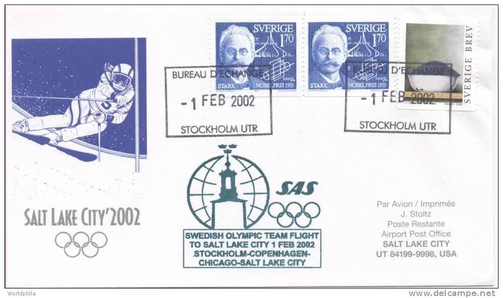 Sweden-USA- Olympic Team "SAS" Flight, Salt Lake Winter Games Cacheted Cover 2002 - Hiver 2002: Salt Lake City