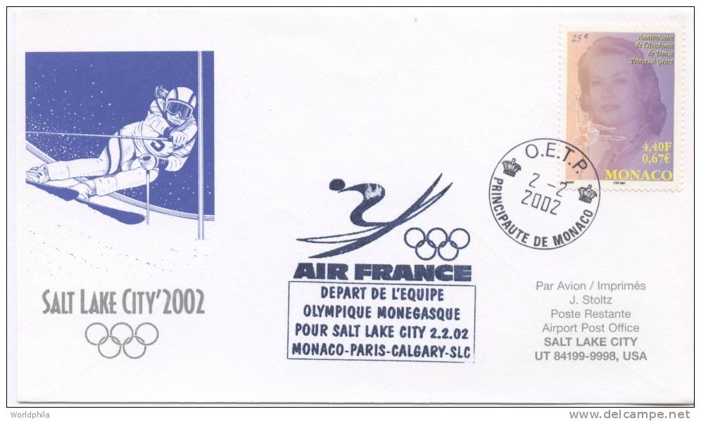 Monaco-USA- 2002 Olympic Team "Air France" Flight, Salt Lake Winter Games Cacheted Cover - Hiver 2002: Salt Lake City