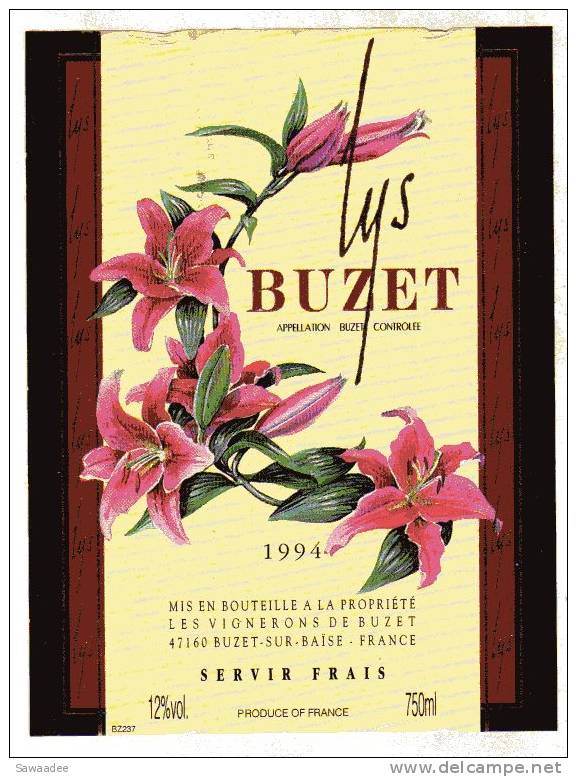 ETIQUETTE DE VIN - BUZET - 1994 - LYS - Lilies