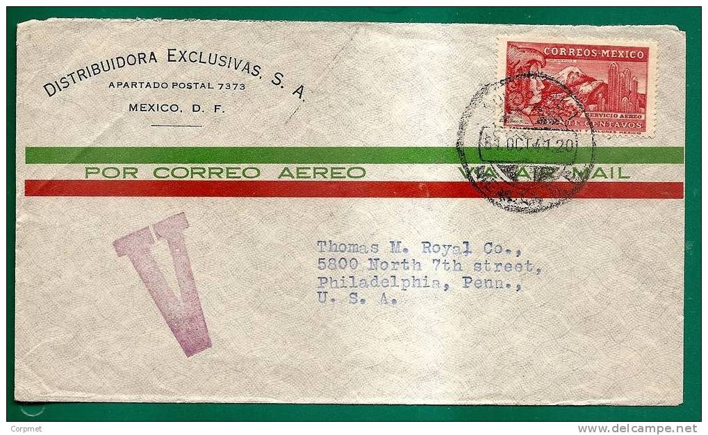 AZTECAS - AZTEQUE - POPOCATEPETL Et Seigneur Aigle  - MEXICO 1941 COVER  Yvert # A63 Solo Stamp - Cancel V Large Violet - Costumes