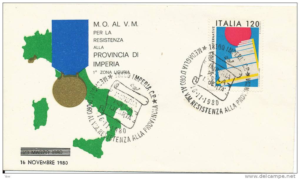 ITALIA 1980 BUSTA MEDAGLIA D´ORO AL VALOR MILITARE PER LA RESISTENZA. ANNULLO SPECIALE IMPERIA - Maximumkarten (MC)