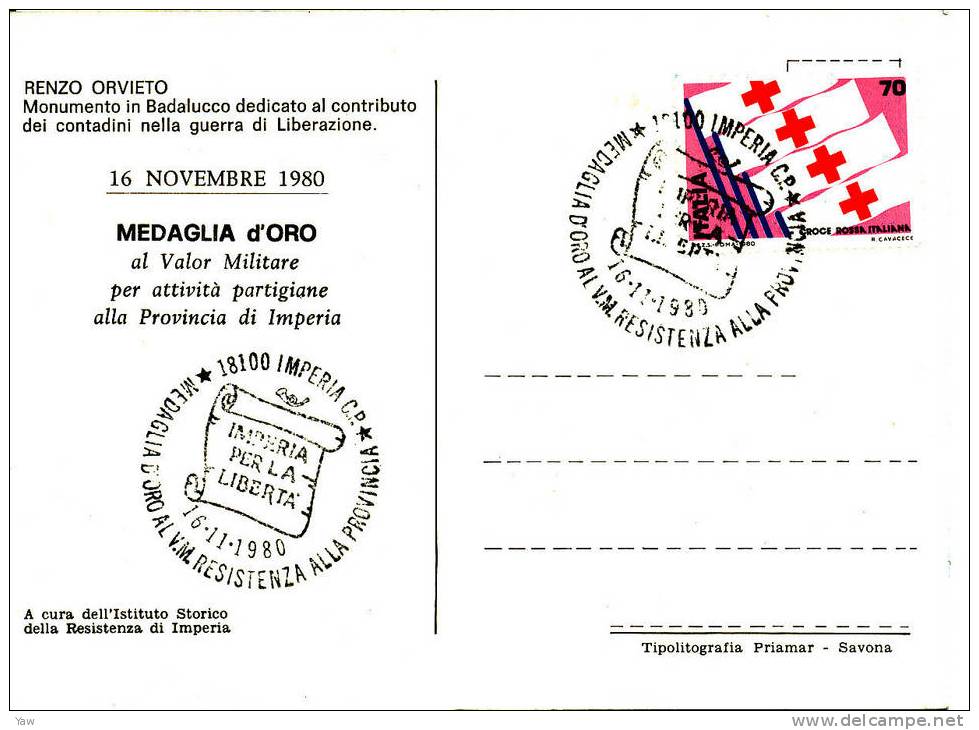 ITALIA 1980 CP MEDAGLIA D´ORO AL VALOR MILITARE PER LA RESISTENZA. ANNULLO SPECIALE IMPERIA - Maximum Cards