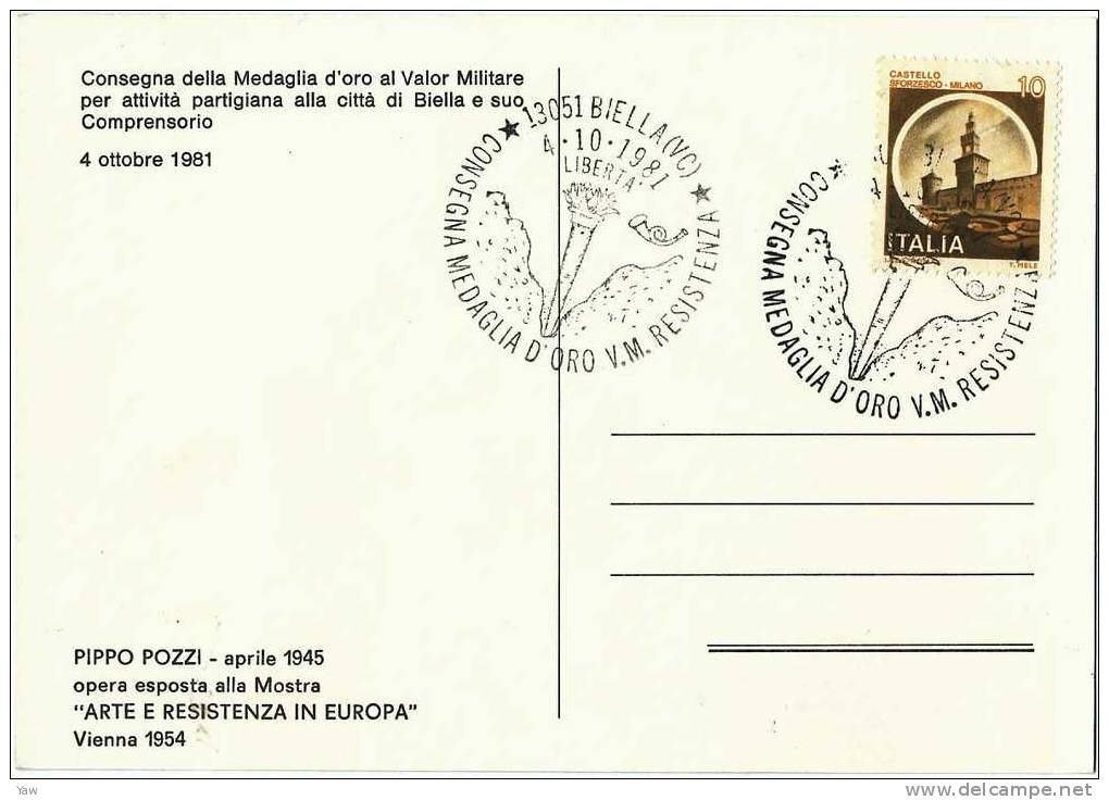 ITALIA 1981 CP MEDAGLIA D´ORO AL VALOR MILITARE 04.10.1981. ANNULLO SPECIALE BIELLA - VERCELLI - Maximumkarten (MC)