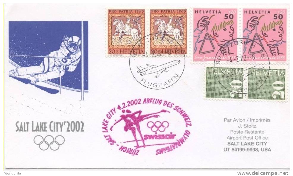 Switzerland-USA- Olympic Team "Swissair" Flight, Salt Lake Winter Games Cacheted Cover 2002 - Hiver 2002: Salt Lake City